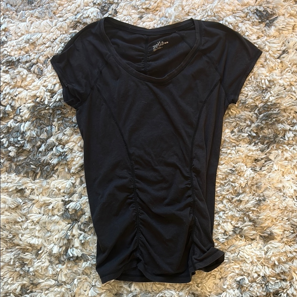 Zella Black Ruched Cap Sleeve T-Shirt size medium